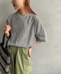 [ORCIVAL/オーシバル] ボートネック リネンチェックシャツブラウス