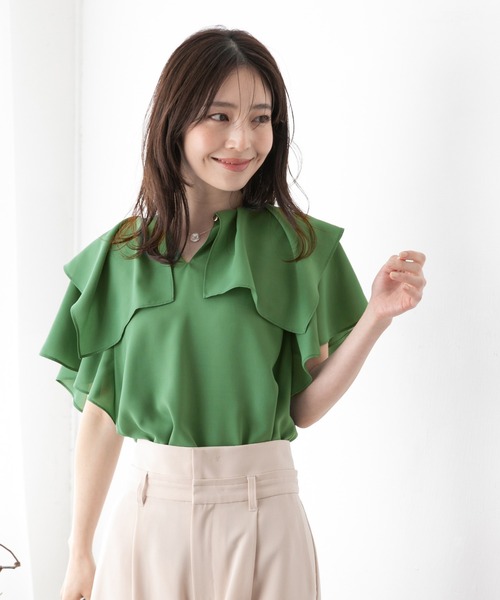 【洗える】【2WAY】ラッフルフリル半袖ブラウス