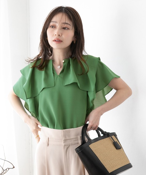 【洗える】【2WAY】ラッフルフリル半袖ブラウス