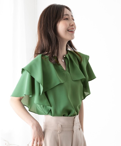【洗える】【2WAY】ラッフルフリル半袖ブラウス