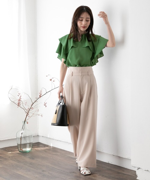 【洗える】【2WAY】ラッフルフリル半袖ブラウス