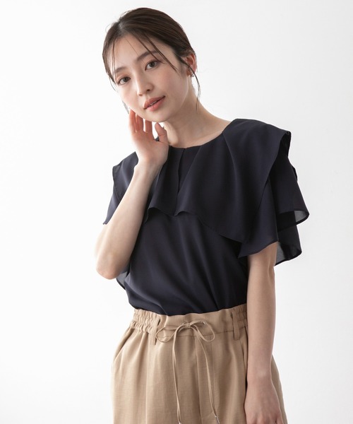 【洗える】【2WAY】ラッフルフリル半袖ブラウス