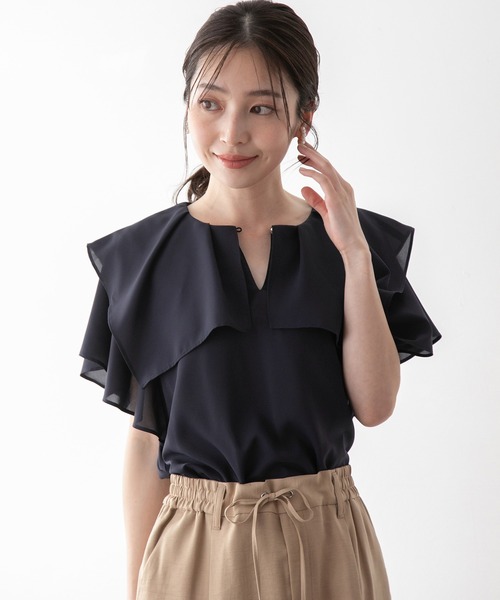 【洗える】【2WAY】ラッフルフリル半袖ブラウス
