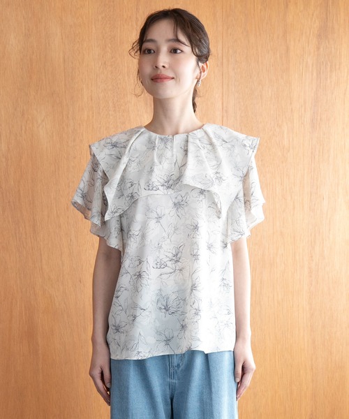 VIS（ビス）の「【防シワ・洗える】【2WAY】ラッフルフリル半袖ブラウス（シャツ/ブラウス・レディース・ホワイト系その他/グリーン系その他/ネイビー・FREE）」の10枚目の写真