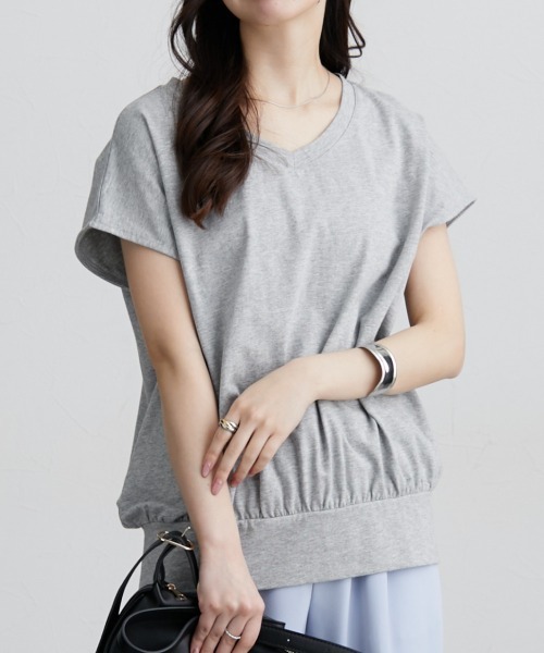 nissen（ニッセン）の「綿１００％　ＶネックフレンチスリーブＴシャツ（Tシャツ/カットソー・レディース・ピンク/ブラック/オフホワイト/カーキ/モカ/ブルーグレー/ネイビー/ターコイズブルー/イエロー/スカイブルー/杢グレー・L/M/LL/S）」の5枚目の写真