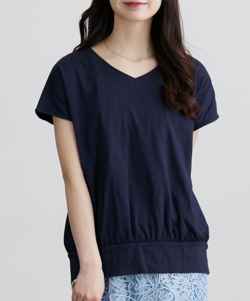 nissen（ニッセン）の「綿１００％　ＶネックフレンチスリーブＴシャツ（Tシャツ/カットソー・レディース・ピンク/ブラック/オフホワイト/カーキ/モカ/ブルーグレー/ネイビー/ターコイズブルー/イエロー/スカイブルー/杢グレー・L/M/LL/S）」の8枚目の写真