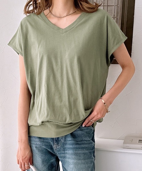 nissen（ニッセン）の「綿１００％　ＶネックフレンチスリーブＴシャツ（Tシャツ/カットソー・レディース・ピンク/ブラック/オフホワイト/カーキ/モカ/ブルーグレー/ネイビー/ターコイズブルー/イエロー/スカイブルー/杢グレー・L/M/LL/S）」の7枚目の写真