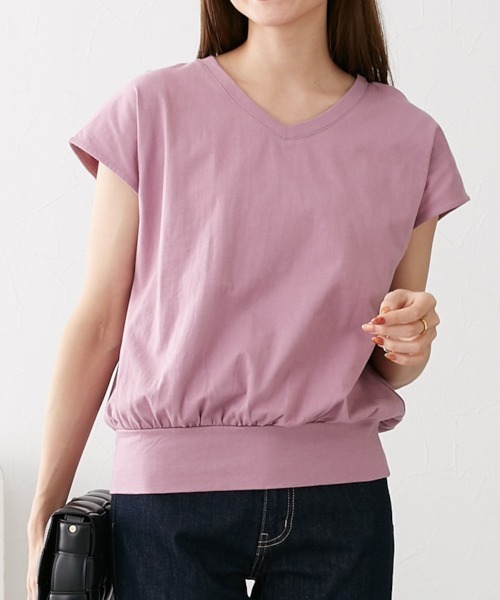 nissen（ニッセン）の「綿１００％　ＶネックフレンチスリーブＴシャツ（Tシャツ/カットソー・レディース・ピンク/ブラック/オフホワイト/カーキ/モカ/ブルーグレー/ネイビー/ターコイズブルー/イエロー/スカイブルー/杢グレー・L/M/LL/S）」の11枚目の写真