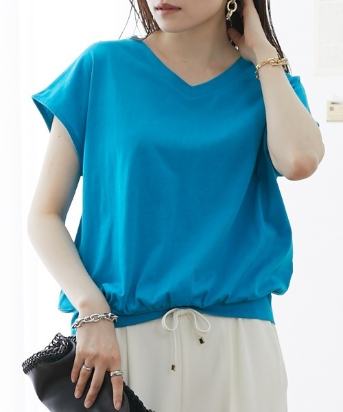 nissen（ニッセン）の「綿１００％　ＶネックフレンチスリーブＴシャツ（Tシャツ/カットソー・レディース・ピンク/ブラック/オフホワイト/カーキ/モカ/ブルーグレー/ネイビー/ターコイズブルー/イエロー/スカイブルー/杢グレー・L/M/LL/S）」の9枚目の写真