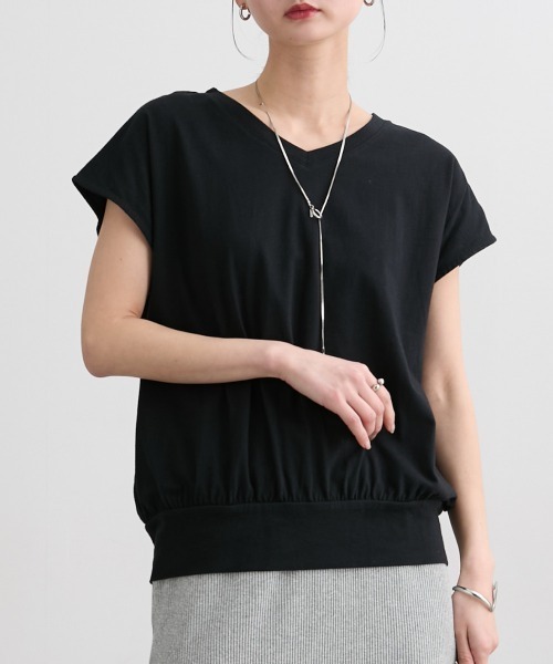 nissen（ニッセン）の「綿１００％　ＶネックフレンチスリーブＴシャツ（Tシャツ/カットソー・レディース・ピンク/ブラック/オフホワイト/カーキ/モカ/ブルーグレー/ネイビー/ターコイズブルー/イエロー/スカイブルー/杢グレー・L/M/LL/S）」の3枚目の写真