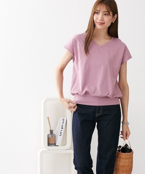 nissen（ニッセン）の「綿１００％　ＶネックフレンチスリーブＴシャツ（Tシャツ/カットソー・レディース・ピンク/ブラック/オフホワイト/カーキ/モカ/ブルーグレー/ネイビー/ターコイズブルー/イエロー/スカイブルー/杢グレー・L/M/LL/S）」の15枚目の写真