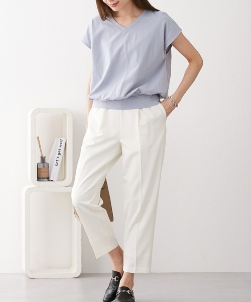 nissen（ニッセン）の「綿１００％　ＶネックフレンチスリーブＴシャツ（Tシャツ/カットソー・レディース・ピンク/ブラック/オフホワイト/カーキ/モカ/ブルーグレー/ネイビー/ターコイズブルー/イエロー/スカイブルー/杢グレー・L/M/LL/S）」の22枚目の写真