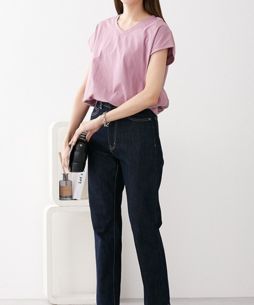 nissen（ニッセン）の「綿１００％　ＶネックフレンチスリーブＴシャツ（Tシャツ/カットソー・レディース・ピンク/ブラック/オフホワイト/カーキ/モカ/ブルーグレー/ネイビー/ターコイズブルー/イエロー/スカイブルー/杢グレー・L/M/LL/S）」の12枚目の写真