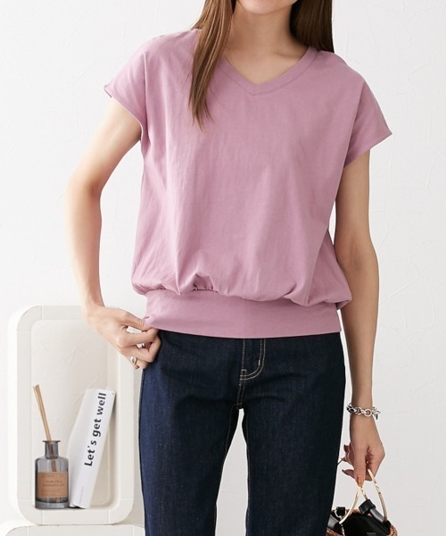 nissen（ニッセン）の「綿１００％　ＶネックフレンチスリーブＴシャツ（Tシャツ/カットソー・レディース・ピンク/ブラック/オフホワイト/カーキ/モカ/ブルーグレー/ネイビー/ターコイズブルー/イエロー/スカイブルー/杢グレー・L/M/LL/S）」の14枚目の写真