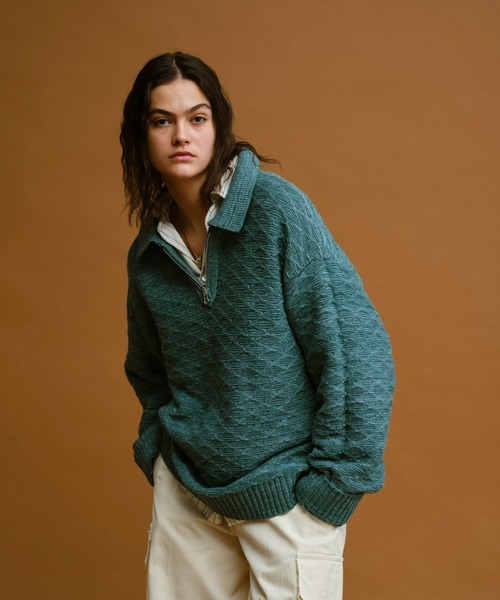 Oversize half zip jacquard knit polo(reversible)/オーバー