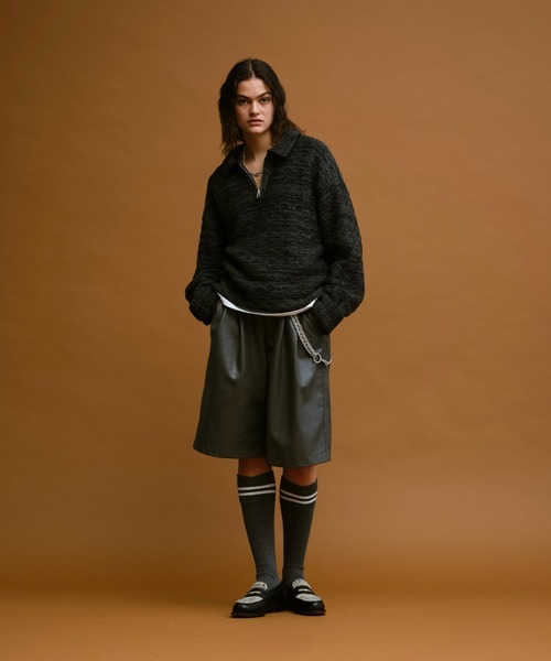 Oversize half zip jacquard knit polo(reversible)/オーバー