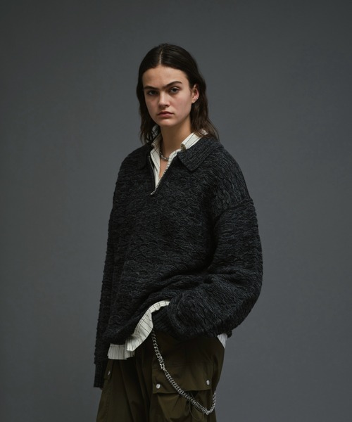 Oversize half zip jacquard knit polo(reversible)/オーバー