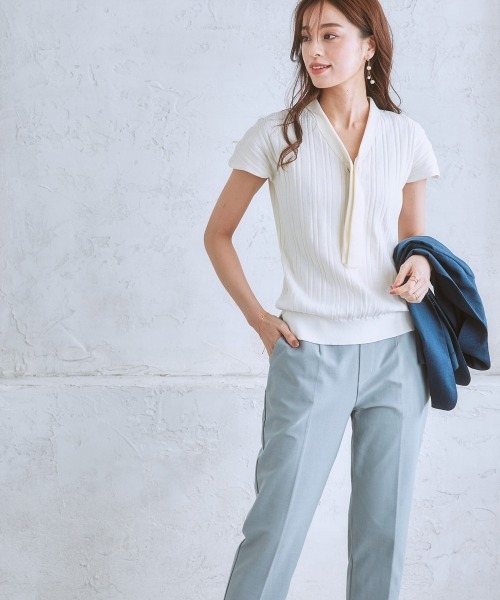 7days Life Styling(セブンデイズライフスタイリング)の「ワイドリブフレンチスリーブボウタイニット(毛玉になりにくい・UVカット・ウォッシャブル・乾きやすい)(ニット/セーター・レディース・アイボリー/ブラック/ブラウン/グレー系/ブルー・L/LL/S/M)」の11枚目の写真