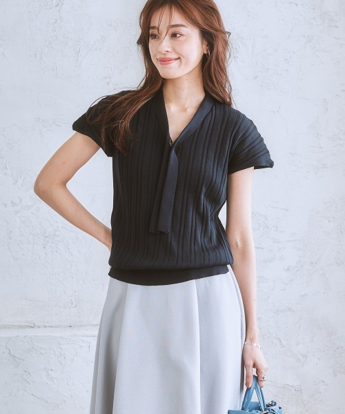 7days Life Styling(セブンデイズライフスタイリング)の「ワイドリブフレンチスリーブボウタイニット(毛玉になりにくい・UVカット・ウォッシャブル・乾きやすい)(ニット/セーター・レディース・アイボリー/ブラック/ブラウン/グレー系/ブルー・L/LL/S/M)」の15枚目の写真