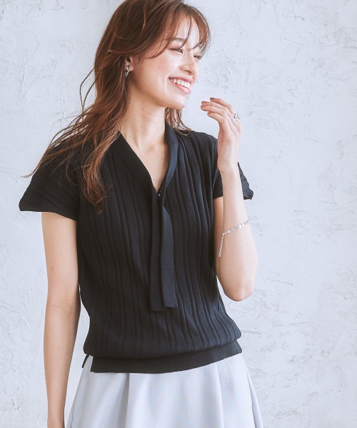 7days Life Styling(セブンデイズライフスタイリング)の「ワイドリブフレンチスリーブボウタイニット(毛玉になりにくい・UVカット・ウォッシャブル・乾きやすい)(ニット/セーター・レディース・アイボリー/ブラック/ブラウン/グレー系/ブルー・L/LL/S/M)」の16枚目の写真