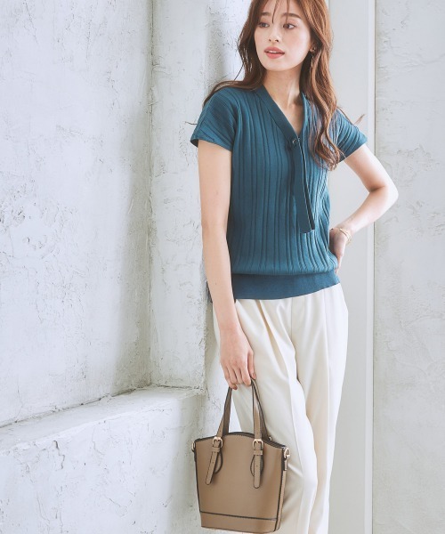7days Life Styling(セブンデイズライフスタイリング)の「ワイドリブフレンチスリーブボウタイニット(毛玉になりにくい・UVカット・ウォッシャブル・乾きやすい)(ニット/セーター・レディース・アイボリー/ブラック/ブラウン/グレー系/ブルー・L/LL/S/M)」の20枚目の写真