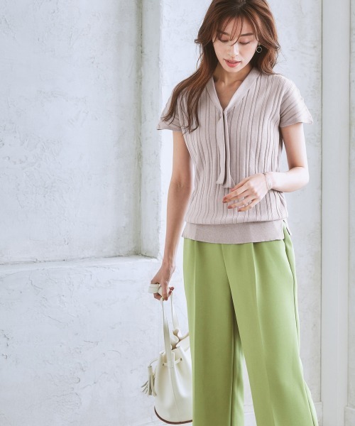 7days Life Styling(セブンデイズライフスタイリング)の「ワイドリブフレンチスリーブボウタイニット(毛玉になりにくい・UVカット・ウォッシャブル・乾きやすい)(ニット/セーター・レディース・アイボリー/ブラック/ブラウン/グレー系/ブルー・L/LL/S/M)」の17枚目の写真