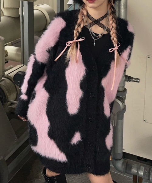 XU(エックスユー)の「ストリートファッション XU エックスユー pattern knit cardigan 3 オーバーサイズ ニット カーディガン ヘアリーニット Vネックニット シャギーニット(カーディガン/ボレロ・レディース・ブラック・ONE SIZE)」の9枚目の写真