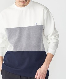 【WEB限定】SHIPS: ワンポイント ロゴ 3パネル バーズアイ クルーネックTシャツ(ロンT)