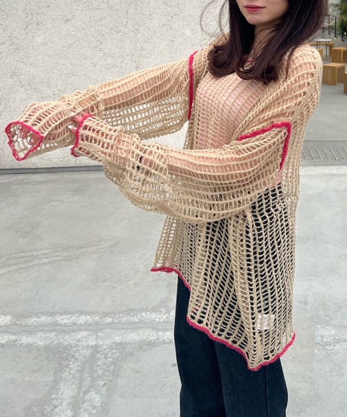 shesame（シーセム）の「配色デザインメッシュニット（ニット/セーター・レディース・ネイビー/グリーン/グレー/ベージュ・LARGE/MEDIUM）」の3枚目の写真