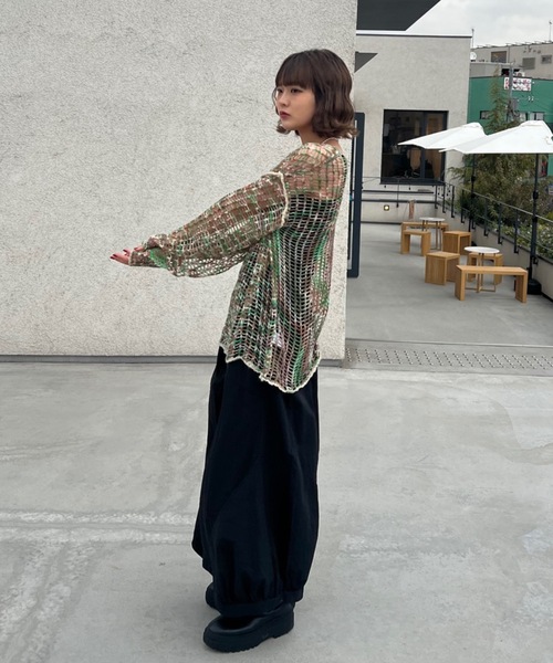 シーセム shesame 配色デザインメッシュニット レディース ネイビー
