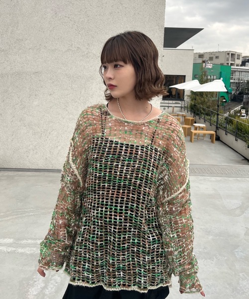 shesame（シーセム）の「配色デザインメッシュニット（ニット/セーター・レディース・ネイビー/グリーン/グレー/ベージュ・LARGE/MEDIUM）」の20枚目の写真