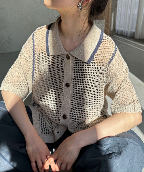 feepur（フェピュール）の「【ハンドウォッシャブル】バイカラーハーフクロシェニットシャツ（ニット/セーター・レディース・ベージュ/ブラック・MEDIUM）」の9枚目の写真