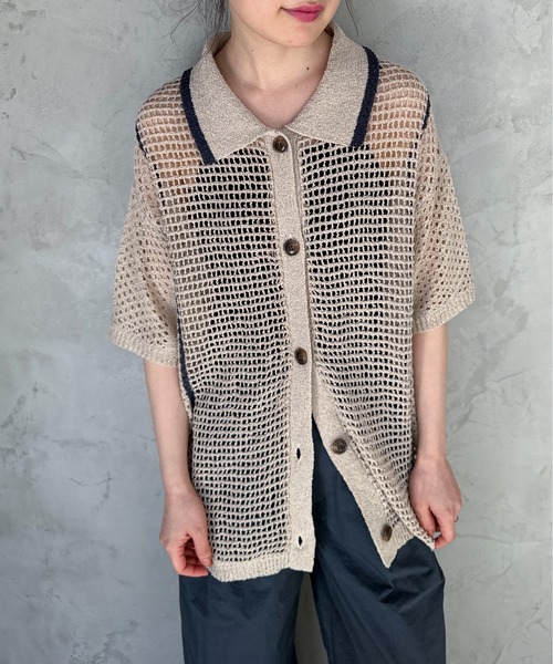 feepur（フェピュール）の「【ハンドウォッシャブル】バイカラーハーフクロシェニットシャツ（ニット/セーター・レディース・ベージュ/ブラック・MEDIUM）」の6枚目の写真