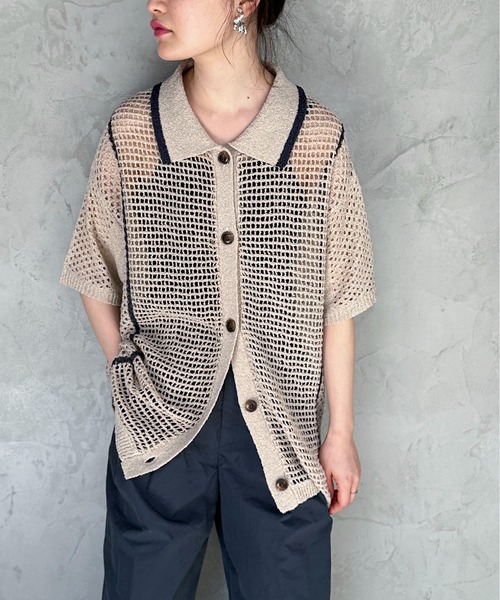 feepur（フェピュール）の「【ハンドウォッシャブル】バイカラーハーフクロシェニットシャツ（ニット/セーター・レディース・ベージュ/ブラック・MEDIUM）」の8枚目の写真