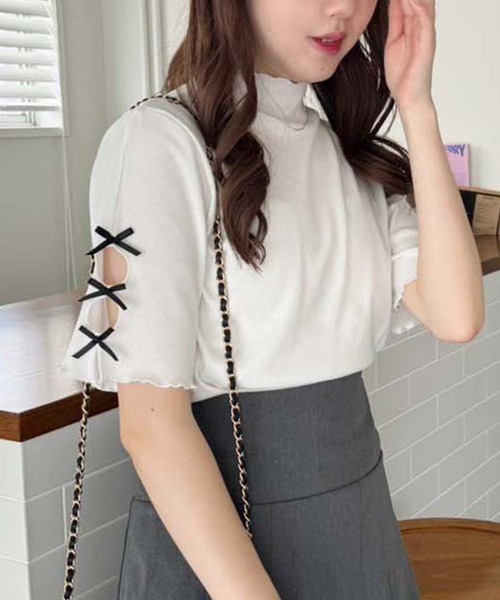 2点おまとめ。gypsohila 袖リボンカットソー& AWマヨコレパンツ 黒 セール】袖リボンテレコトップス（Tシャツ/カットソー）｜one after