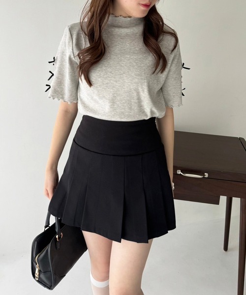 one after another NICE CLAUP（ワンアフターアナザーナイスクラップ）の「袖リボンテレコトップス（Tシャツ/カットソー・レディース・ホワイト×ブラック/杢グレー/オフホワイト/ブラック・FREE）」の13枚目の写真