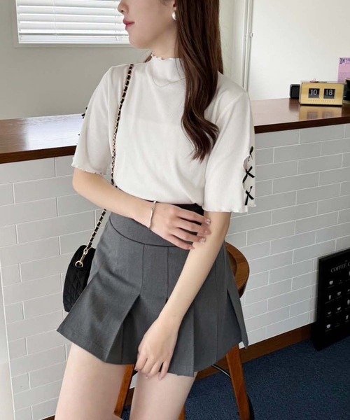 one after another NICE CLAUP（ワンアフターアナザーナイスクラップ）の「袖リボンテレコトップス（Tシャツ/カットソー・レディース・ホワイト×ブラック/杢グレー/オフホワイト/ブラック・FREE）」の7枚目の写真