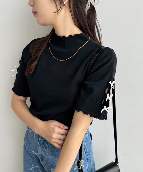 未使用タグ付‼️ リボンディテールトップス　black セール】袖リボンテレコトップス（Tシャツ/カットソー）｜one after