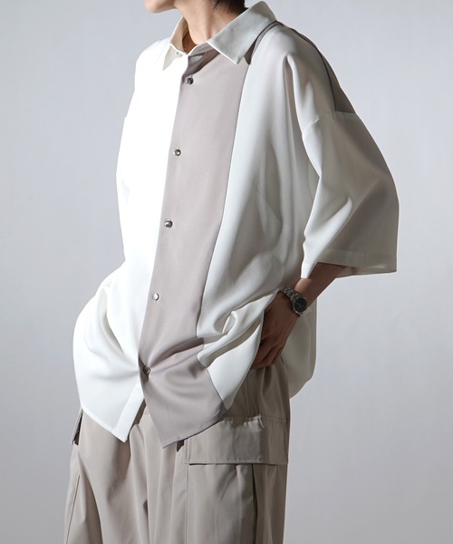 Confirm（コンファーム）の「25SS ドレープとろみ クレリック / アシンメトリー ビッグシルエット半袖シャツ【Confirm】（シャツ/ブラウス・メンズ・ホワイト/ブラック×ホワイト/ブラウン/ベージュ/ミント/ブラック/サックスブルー/グリーン系その他/グレー系その他/ブラック系その他/ホワイト系その他/ベージュ系その他・M/L）」の3枚目の写真