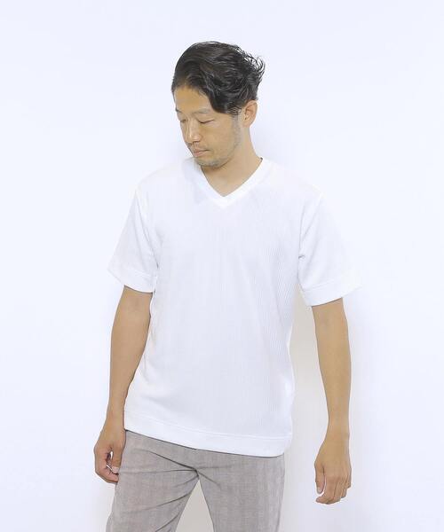 MEN'S MELROSE（メンズメルローズ）の「袋ジャガードストライプVネックTシャツ（Tシャツ/カットソー・メンズ・ホワイト/ネイビー/チャコールグレー・4/2/3）」の2枚目の写真