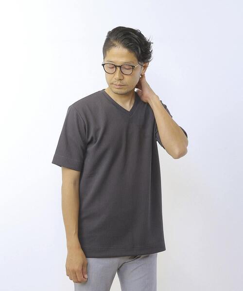MEN'S MELROSE（メンズメルローズ）の「袋ジャガードストライプVネックTシャツ（Tシャツ/カットソー・メンズ・ホワイト/ネイビー/チャコールグレー・4/2/3）」の3枚目の写真