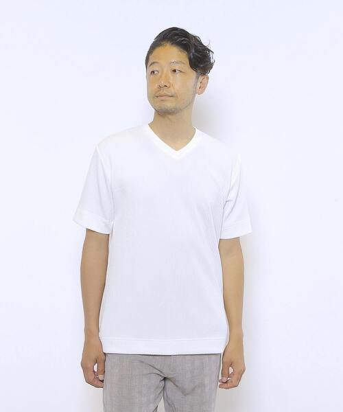 MEN'S MELROSE（メンズメルローズ）の「袋ジャガードストライプVネックTシャツ（Tシャツ/カットソー・メンズ・ホワイト/ネイビー/チャコールグレー・4/2/3）」の4枚目の写真