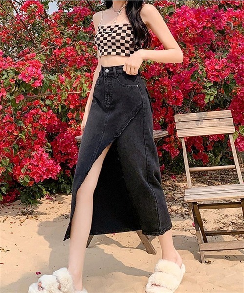 FREE STYLISTS(フリー スタイリスト)の「フリンジスリットデニムスカート(デニムスカート・レディース・ブルー/ライトブラック/ブラック・M/2XL/XL/L/S)」の7枚目の写真