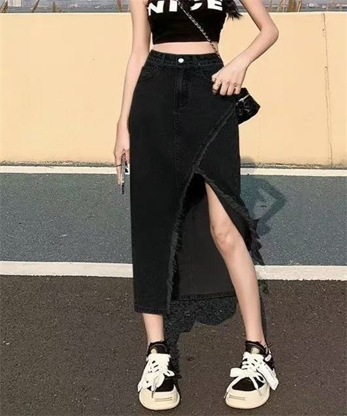 FREE STYLISTS(フリー スタイリスト)の「フリンジスリットデニムスカート(デニムスカート・レディース・ブルー/ライトブラック/ブラック・M/2XL/XL/L/S)」の18枚目の写真