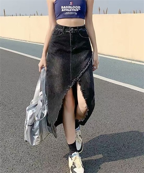FREE STYLISTS(フリー スタイリスト)の「フリンジスリットデニムスカート(デニムスカート・レディース・ブルー/ライトブラック/ブラック・M/2XL/XL/L/S)」の20枚目の写真
