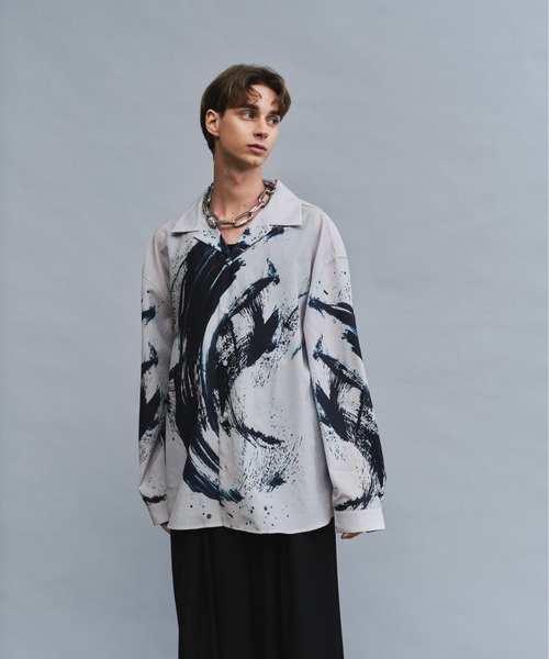 アート　水墨画 イエロー グレー 抽象模様 長袖シャツ　派手 L Ink Wash Pattern Long-Sleeve Shirt - 水墨風 転写総柄 長袖
