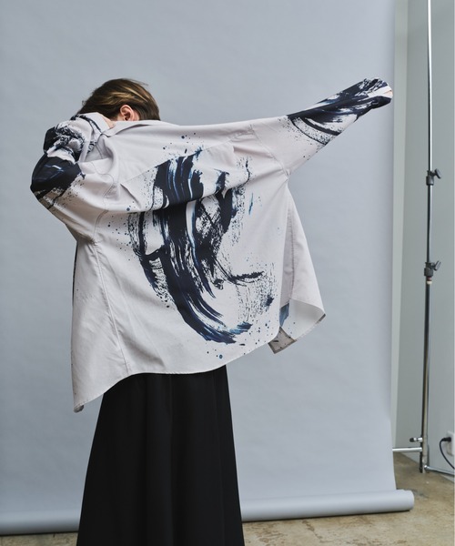 アート　水墨画 イエロー グレー 抽象模様 長袖シャツ　派手 L セール】Ink Wash Pattern Long-Sleeve Shirt - 水墨風 転写総柄