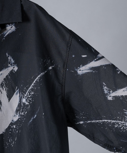 長袖シャツ メンズ 透け感 水墨画風柄 レースアップ セール】Ink Wash Pattern Long-Sleeve Shirt - 水墨風 転写総柄