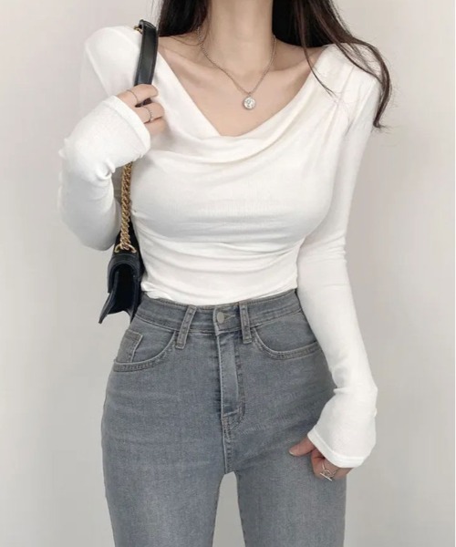 kirakiraShop(キラキラショップ)の「ネック ドレープ ロング スリーブ カットソー(Tシャツ/カットソー・レディース・ブラック/カーキ/ホワイト/ミント・FREE)」の5枚目の写真