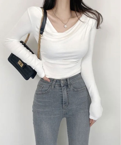 kirakiraShop(キラキラショップ)の「ネック ドレープ ロング スリーブ カットソー(Tシャツ/カットソー・レディース・ブラック/カーキ/ホワイト/ミント・FREE)」の6枚目の写真